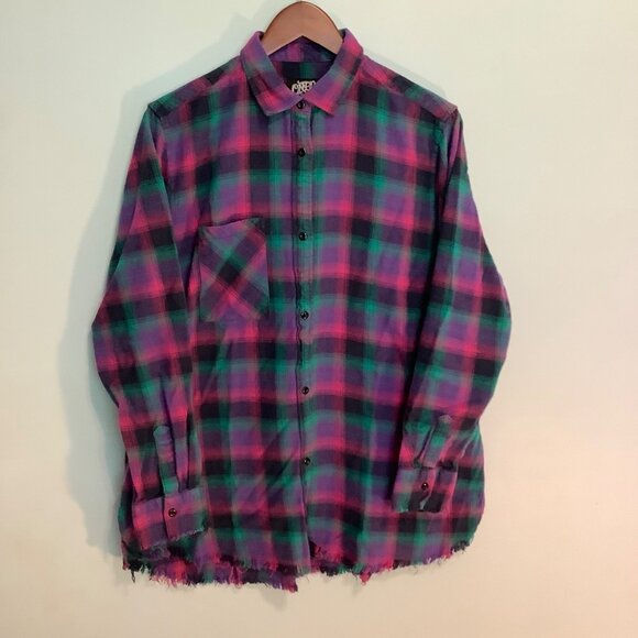 One 24 Rags Plaid Flannel Top – Women’s L – Fringe Hem Grunge Vibes - Picture 1 of 11